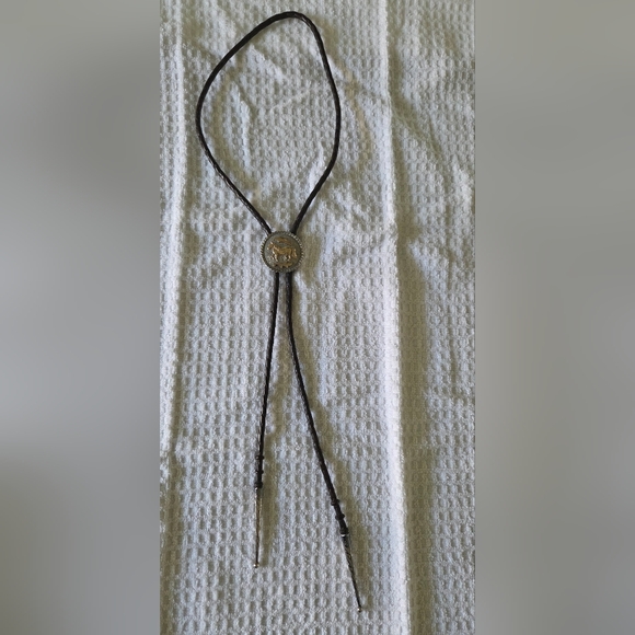 Western Horse Sterling Silver Round Adjustable Bolo Tie - Picture 2 of 8